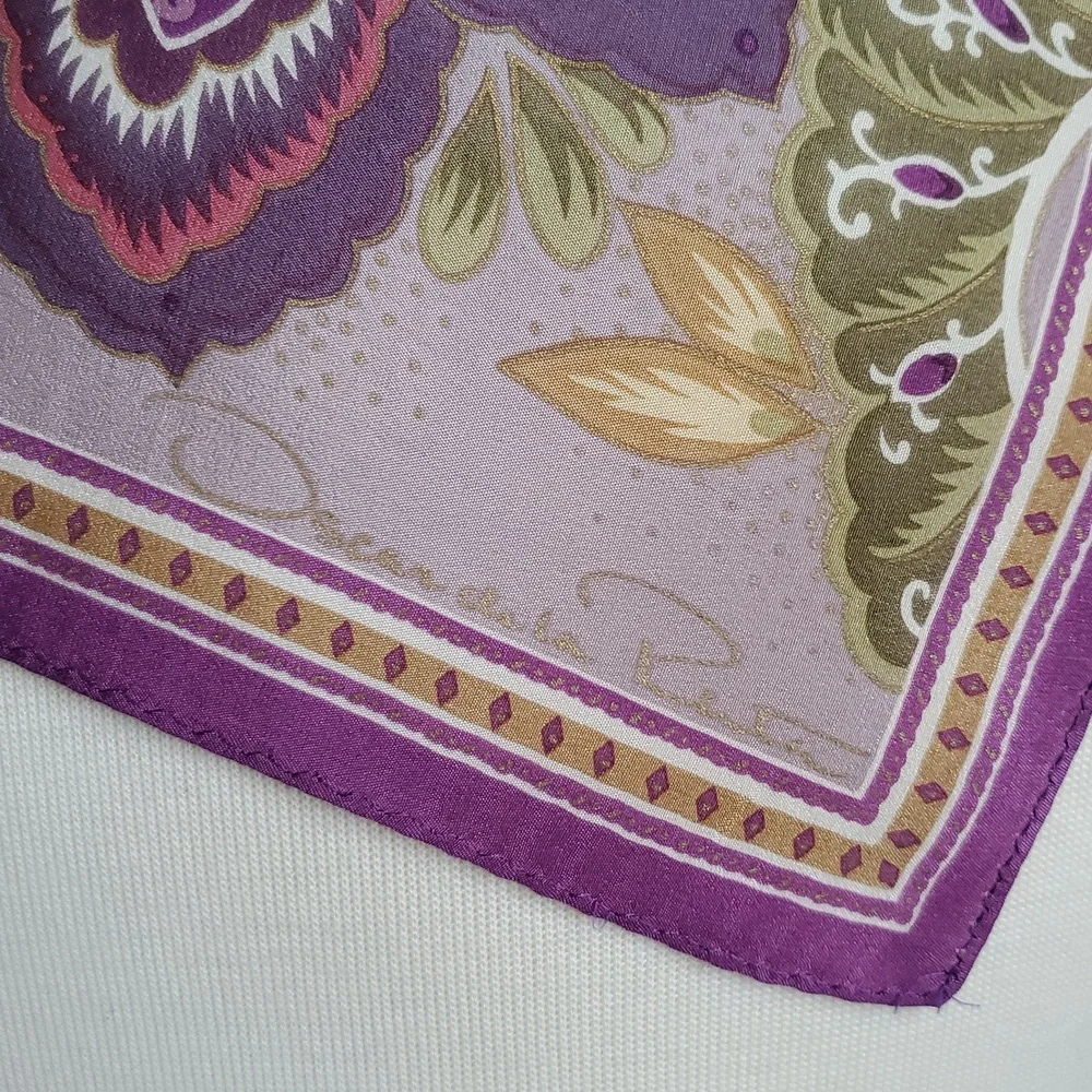 EUC Oscar De La Renta 100% Silk Purple/Plum/Moss Green 35" x 35" Square Scarf - Picture 6 of 6